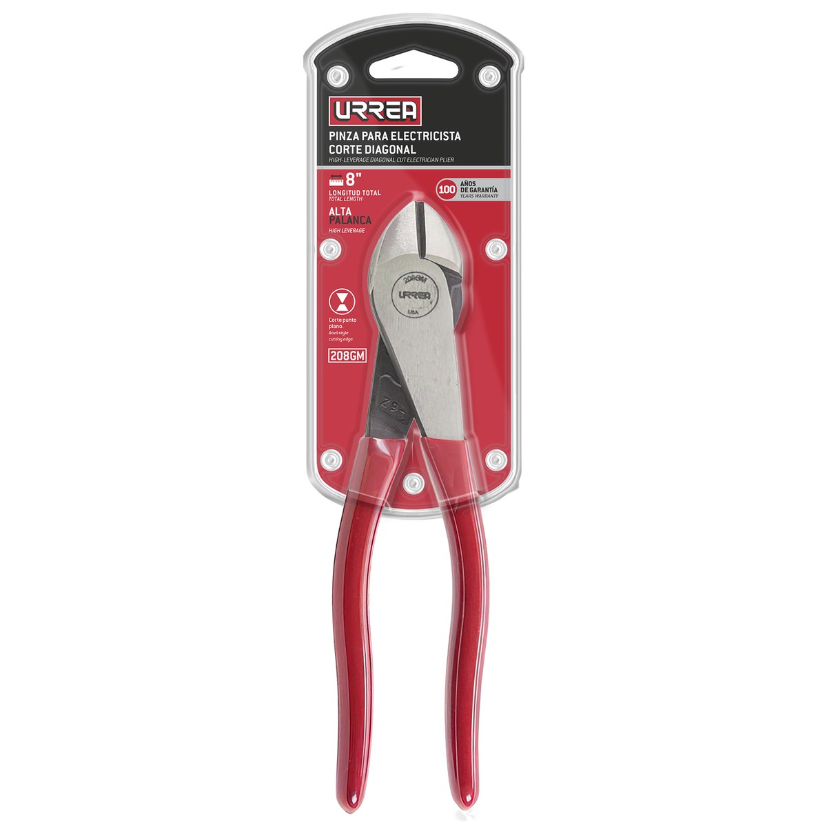 Pinza para electricista con mango rubber grip de 8" corte diagonal alta palanca Urrea - Imagen 2