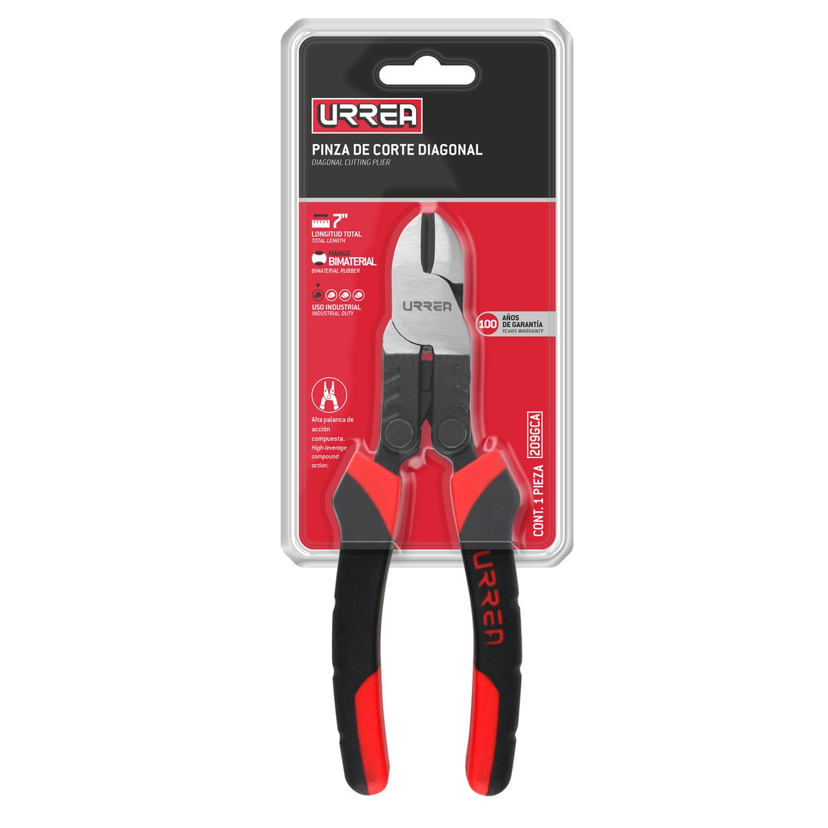 Pinza para electricista con mango bimaterial palanca compuesta de 7" corte diagonal Urrea - Imagen 2