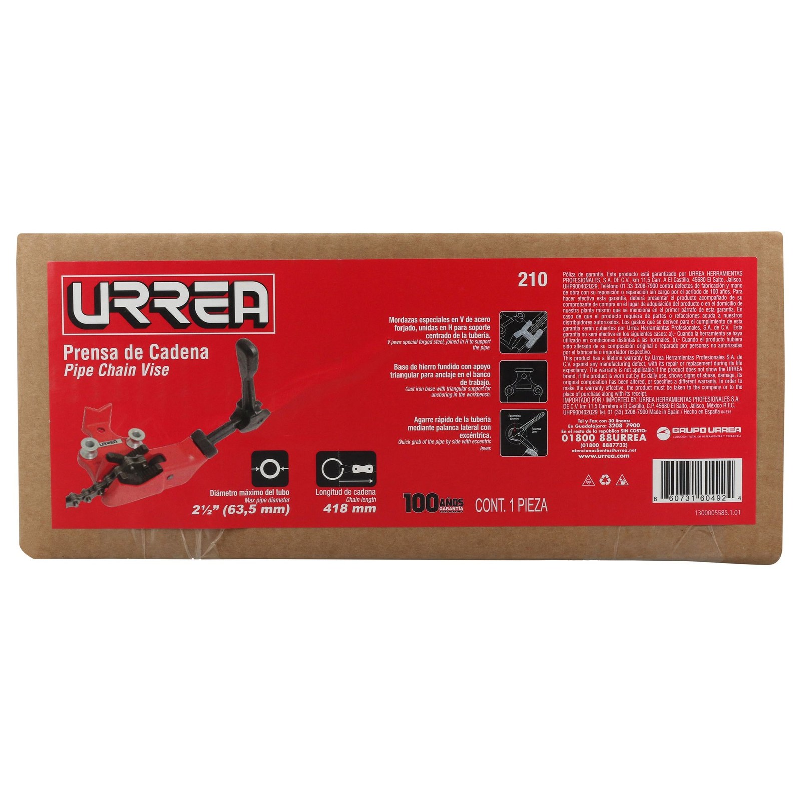 Prensa de cadena para tubos de 1/8" a  2-1/2" Urrea - Imagen 4