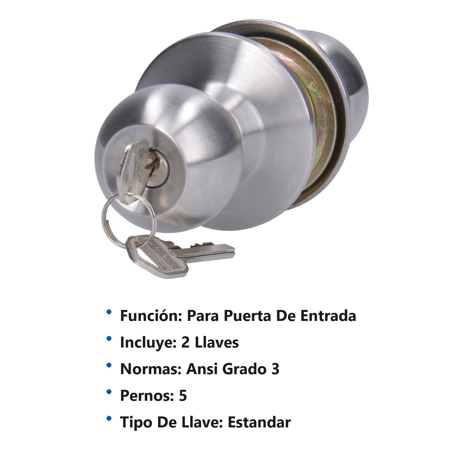 Pomo cilíndrico bola para constructora función entrada, acero inoxidable, llave std, caja Prolok - Imagen 2