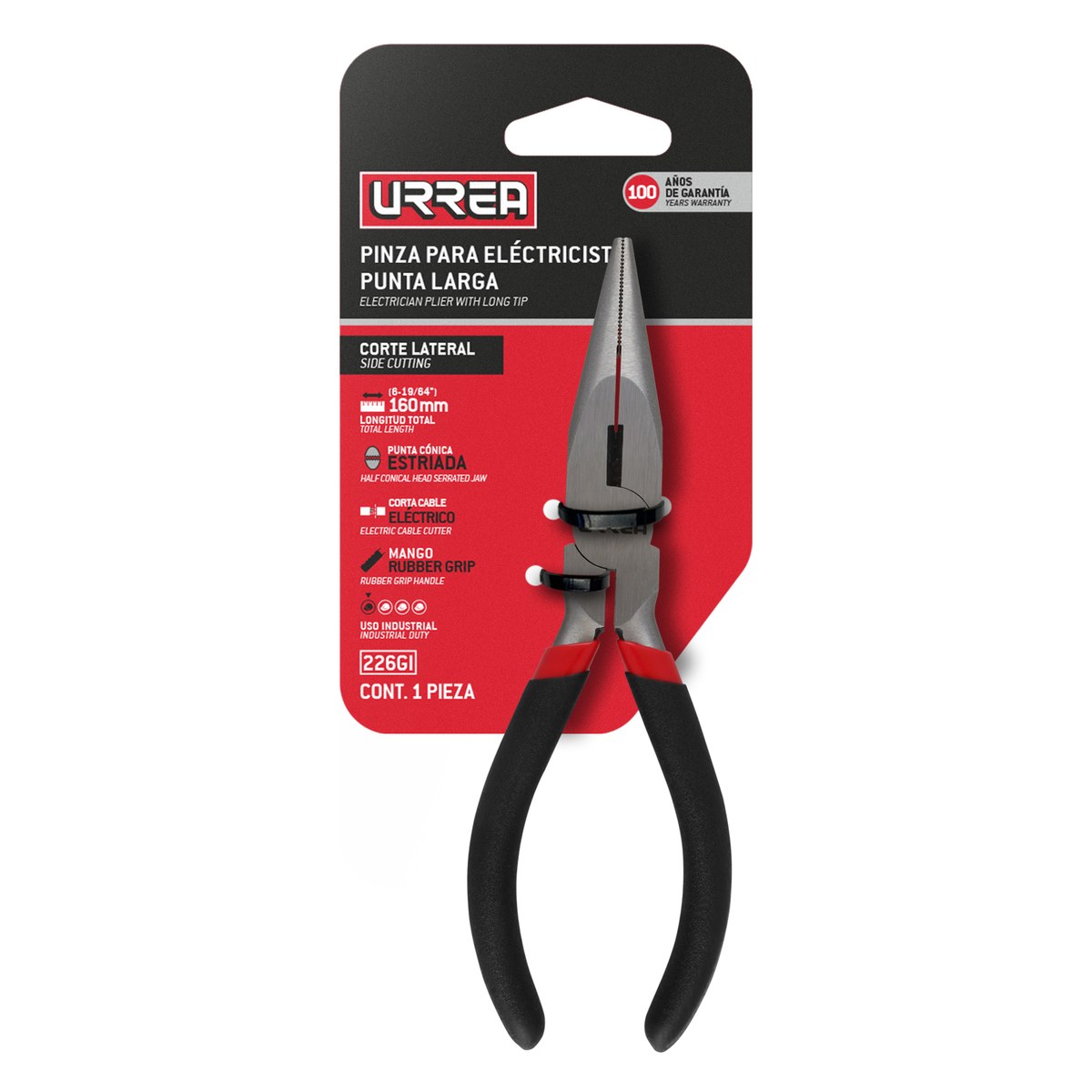 Pinza para electricista con mango rubber grip de 6-3/4" punta larga corte lateral Urrea - Imagen 2