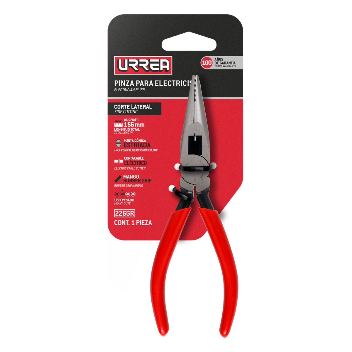 Pinza para electricista con mango rubber grip de 6-5/8" punta larga corte lateral con reso Urrea - Imagen 2