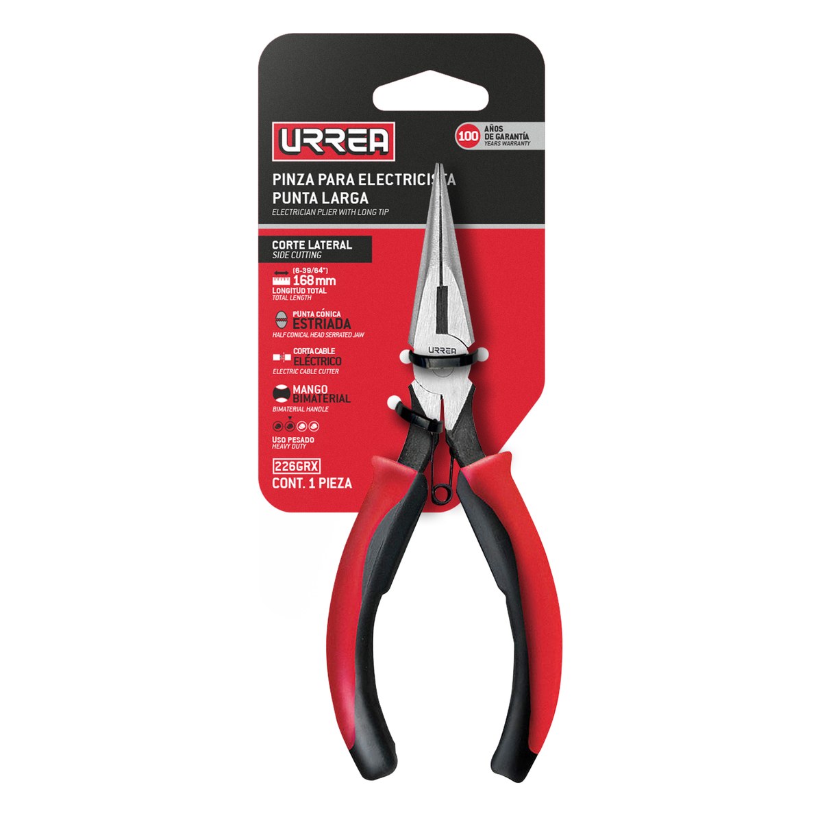 Pinza para electricista con mango bimaterial de 6-23/32" punta larga corte lateral con res Urrea - Imagen 2