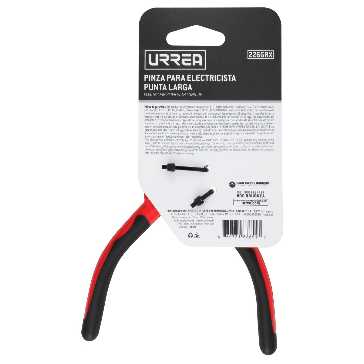 Pinza para electricista con mango bimaterial de 6-23/32" punta larga corte lateral con res Urrea - Imagen 3