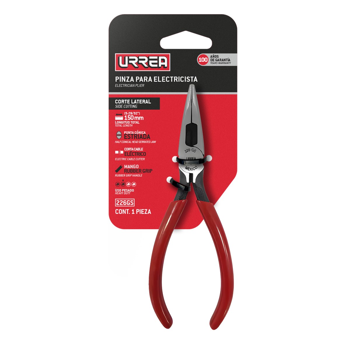 Pinza para electricista con mango rubber grip de 6-1/4" punta cónica corte lateral Urrea - Imagen 2