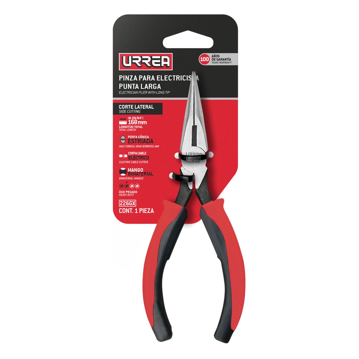 Pinza para electricista con mango bimaterial de 6-23/32" punta larga corte lateral sin res Urrea - Imagen 2