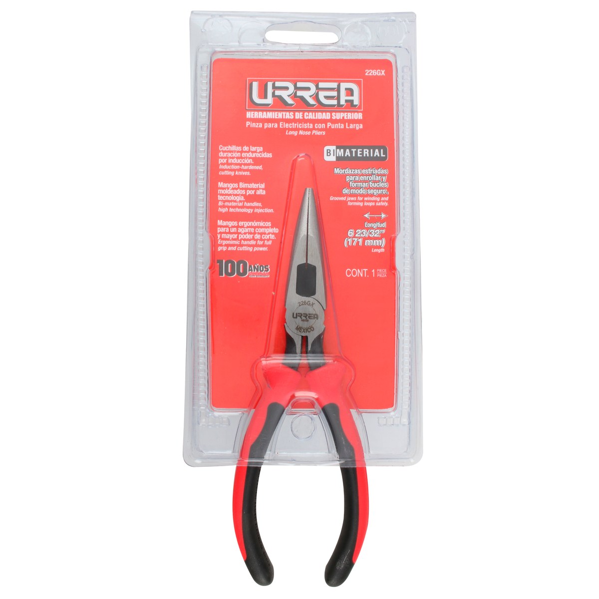 Pinza para electricista con mango bimaterial de 6-23/32" punta larga corte lateral sin res Urrea - Imagen 3