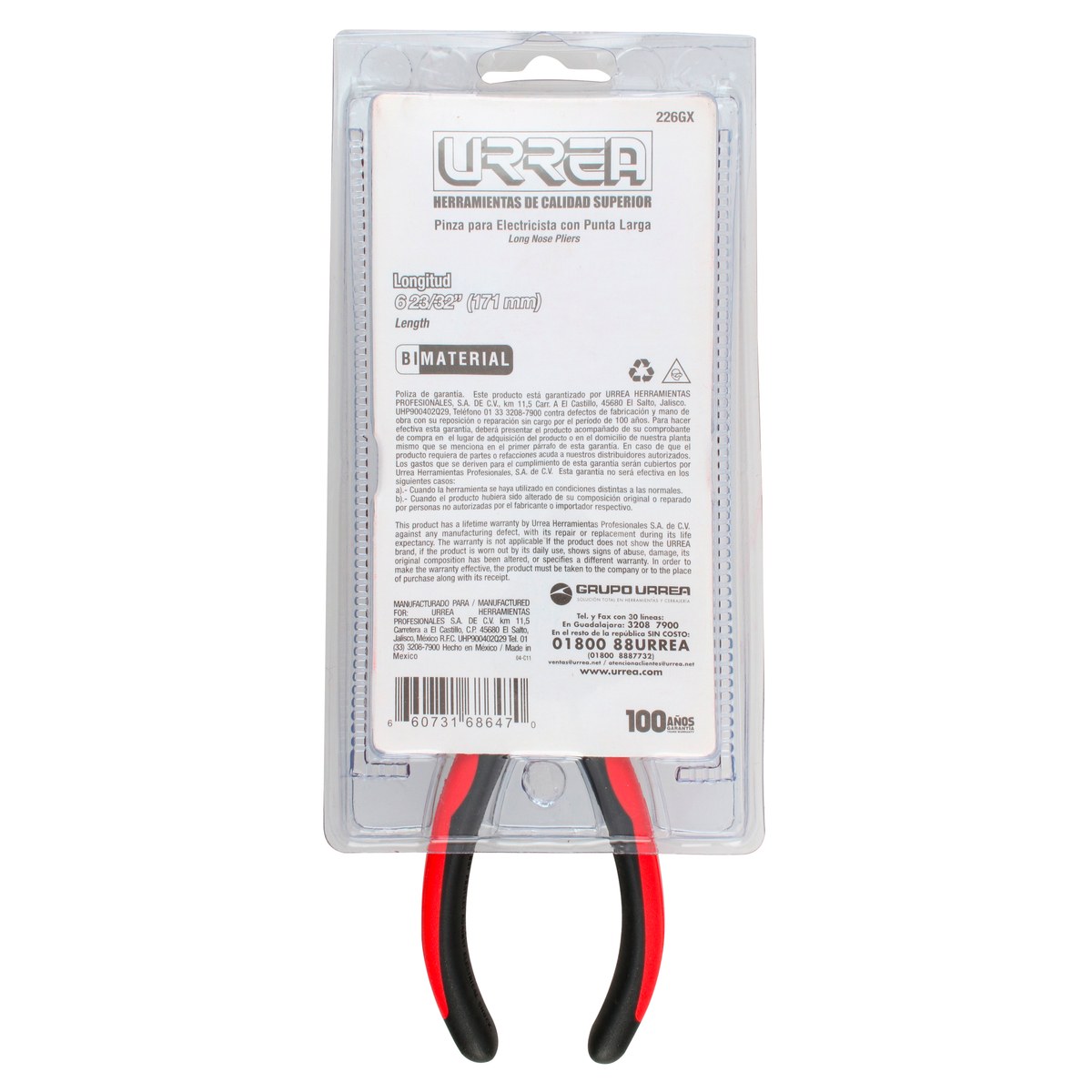 Pinza para electricista con mango bimaterial de 6-23/32" punta larga corte lateral sin res Urrea - Imagen 4