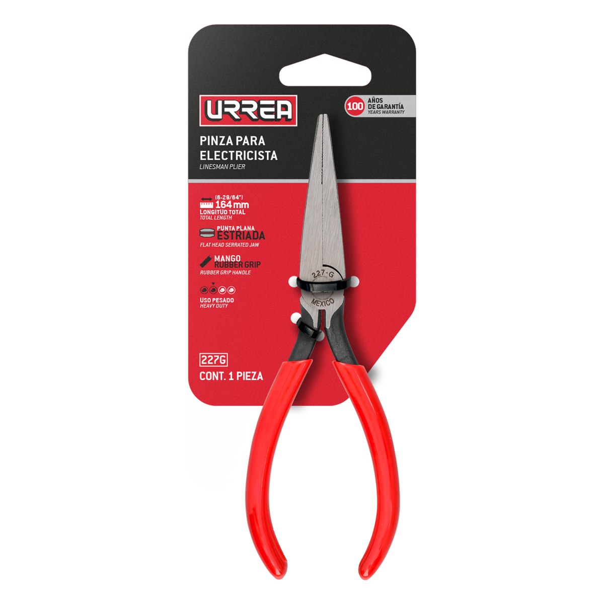Pinza para electricista con mango rubber grip de 6-5/8" punta plana Urrea - Imagen 2