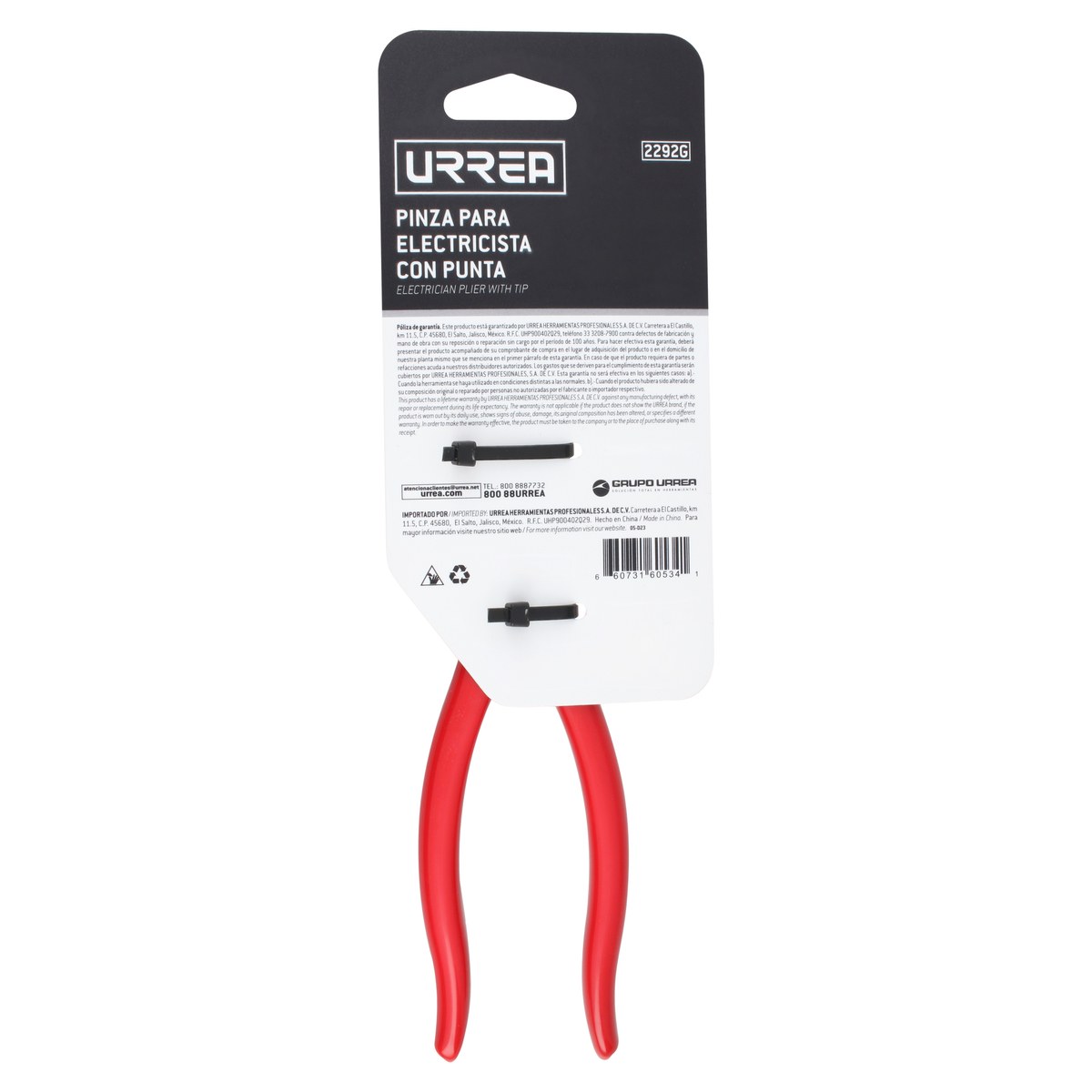 Pinza para electricista con mango rubber grip de 8-9/32" con punta larga Urrea - Imagen 3