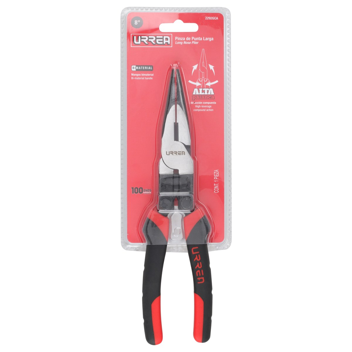 Pinza para electricista con mango bimaterial palanca compuesta de 8" punta larga Urrea - Imagen 2