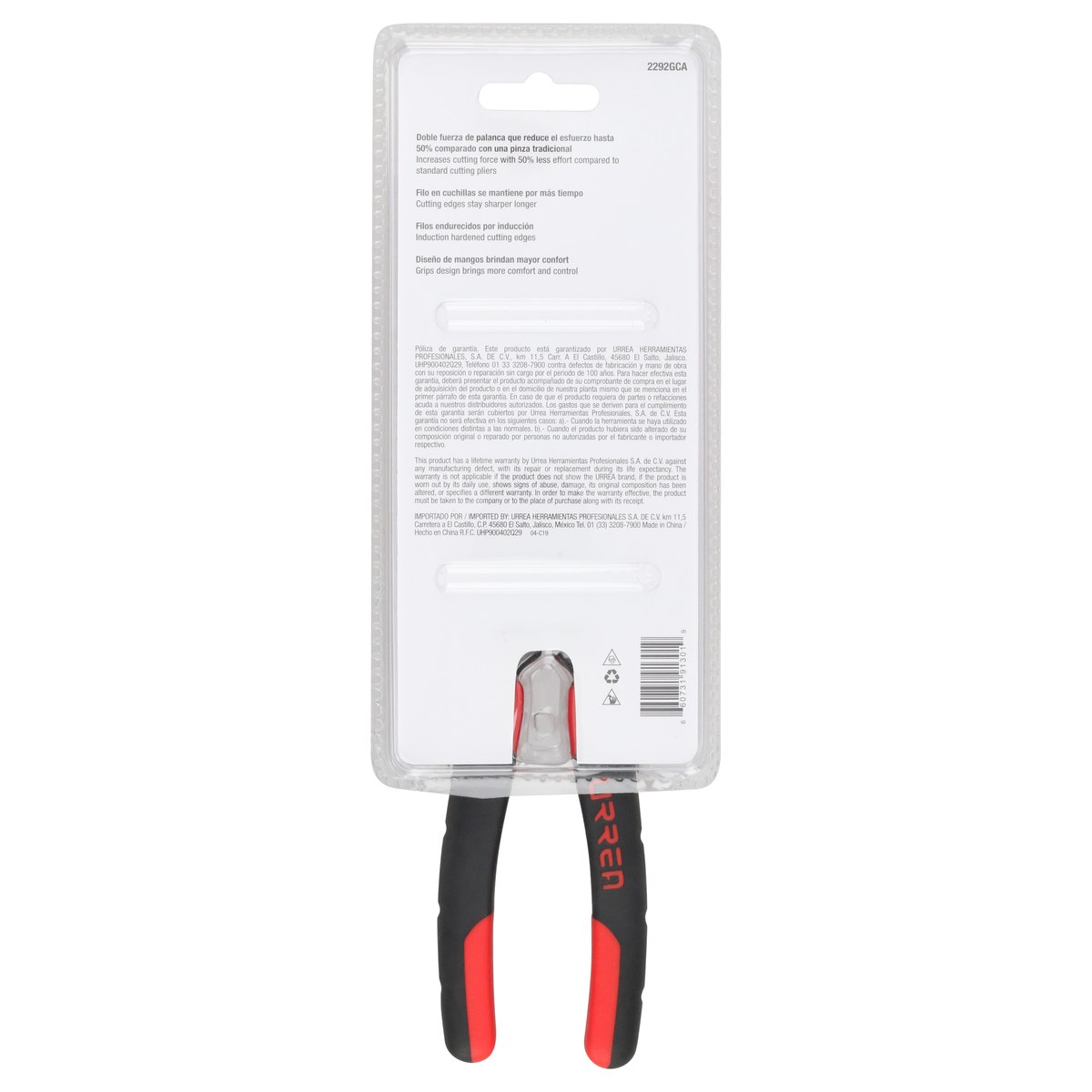 Pinza para electricista con mango bimaterial palanca compuesta de 8" punta larga Urrea - Imagen 3