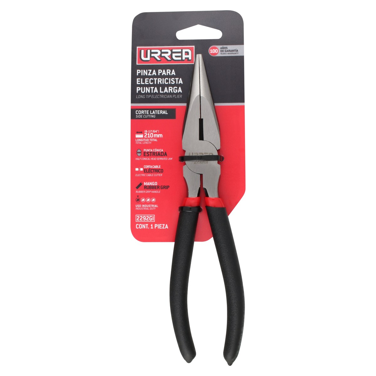 Pinza para electricista con mango rubber grip de 8-9/16" punta larga corte lateral Urrea - Imagen 2