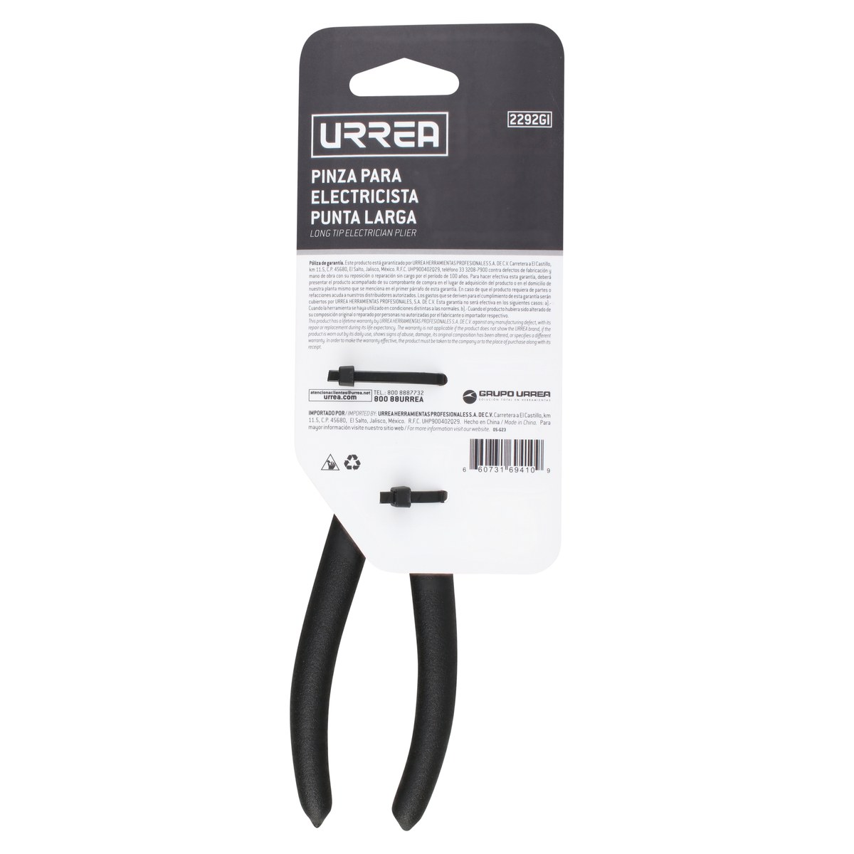 Pinza para electricista con mango rubber grip de 8-9/16" punta larga corte lateral Urrea - Imagen 3