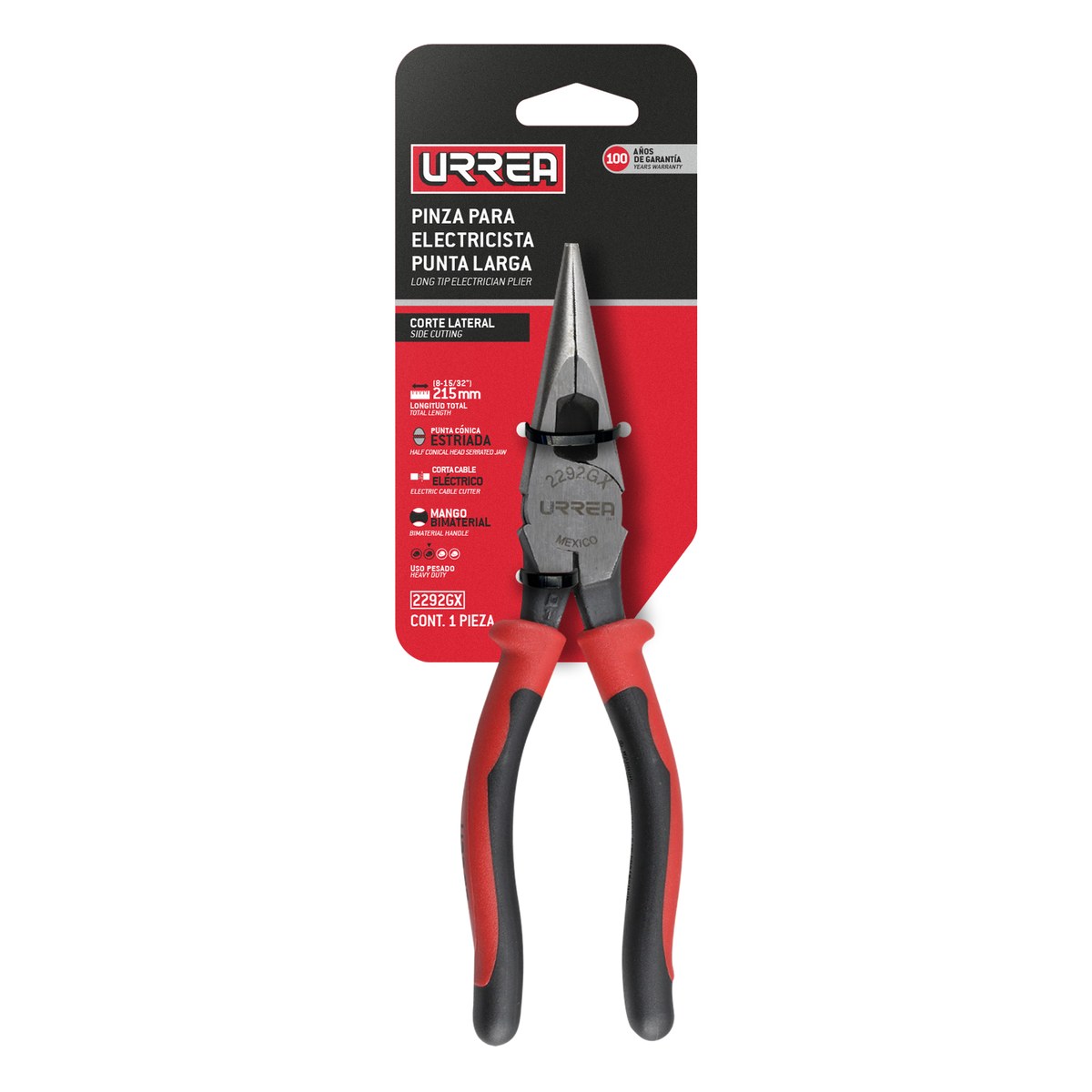 Pinza para electricista con mango bimaterial de 8-7/16" punta larga corte lateral sin reso Urrea - Imagen 2