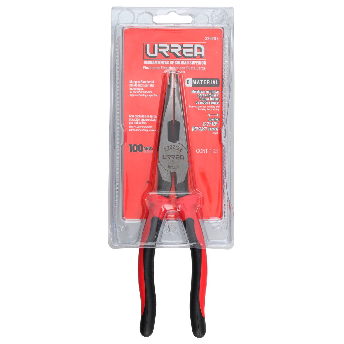 Pinza para electricista con mango bimaterial de 8-7/16" punta larga corte lateral sin reso Urrea - Imagen 3