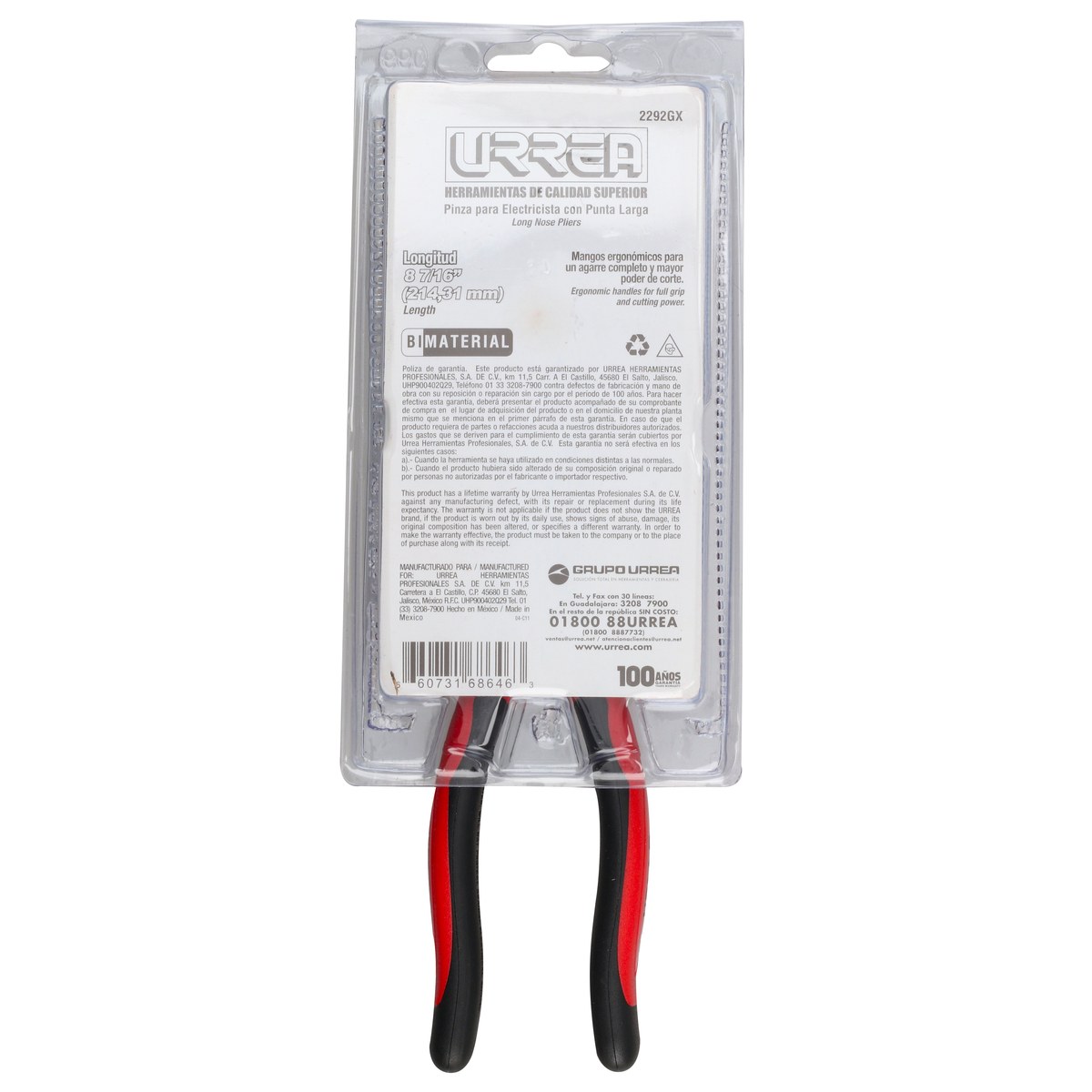 Pinza para electricista con mango bimaterial de 8-7/16" punta larga corte lateral sin reso Urrea - Imagen 4