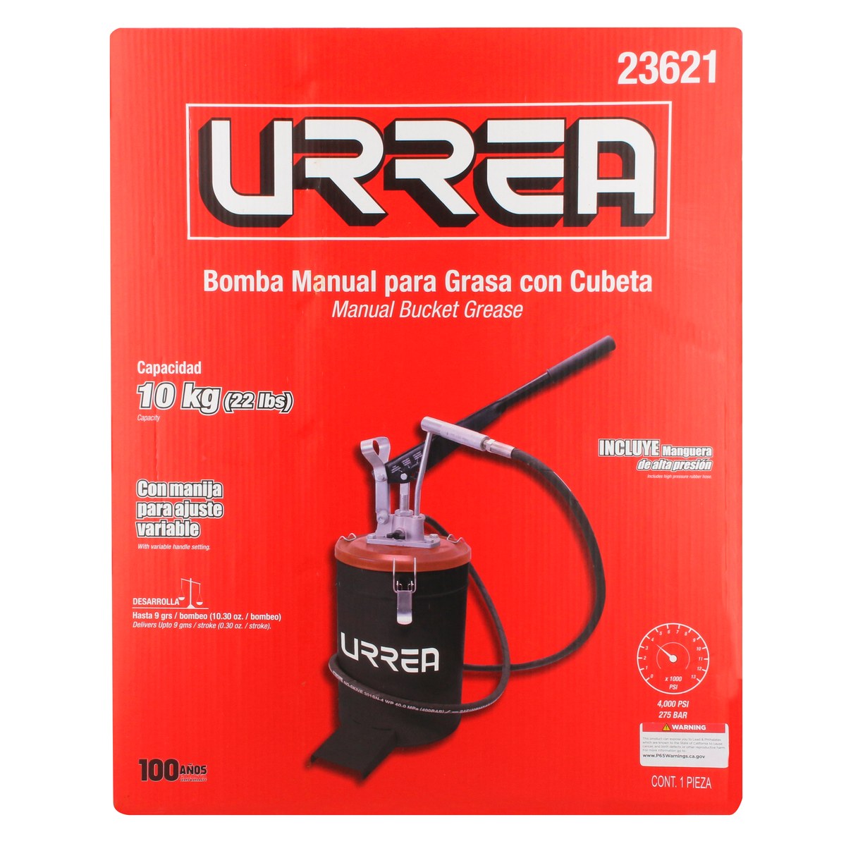 Inyector de grasa con cubeta de presión variable de 10 kg, 4,000 PSI Urrea - Imagen 4