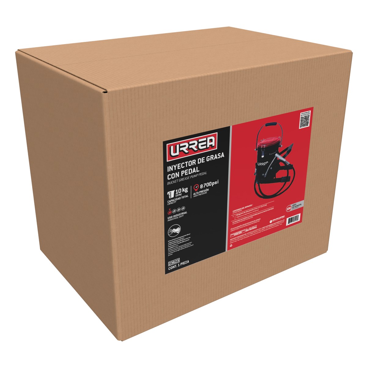 Inyector de grasa con cubeta de alta presión con pedal de 10 kg, 8,700 PSI Urrea - Imagen 3