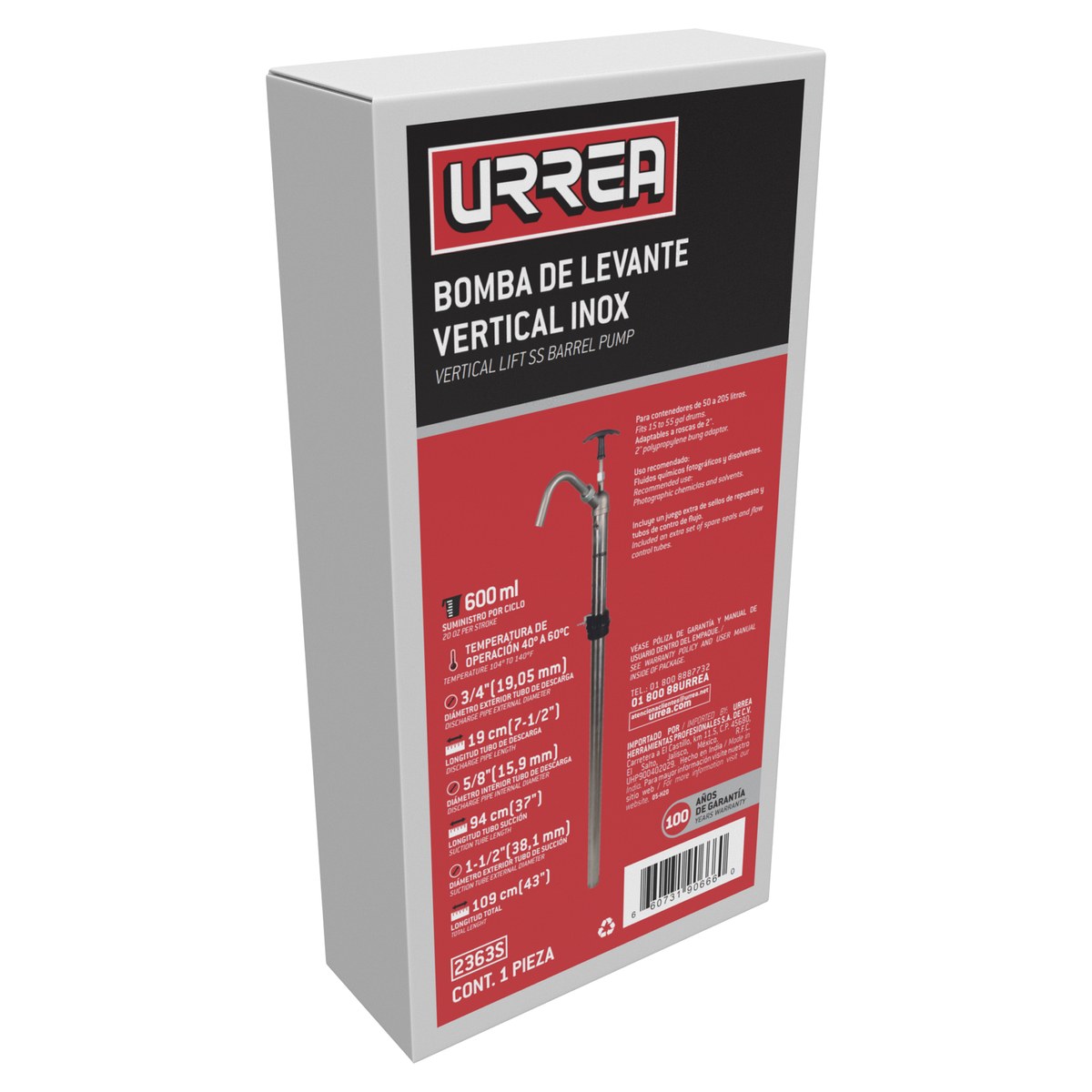 Bomba extractora vertical para aceites ligeros, suministro 600 ml por ciclo Urrea - Imagen 2
