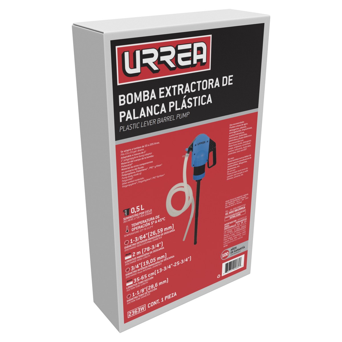 Bomba extractora de palanca plástica, suministro 500 ml por ciclo Urrea - Imagen 2