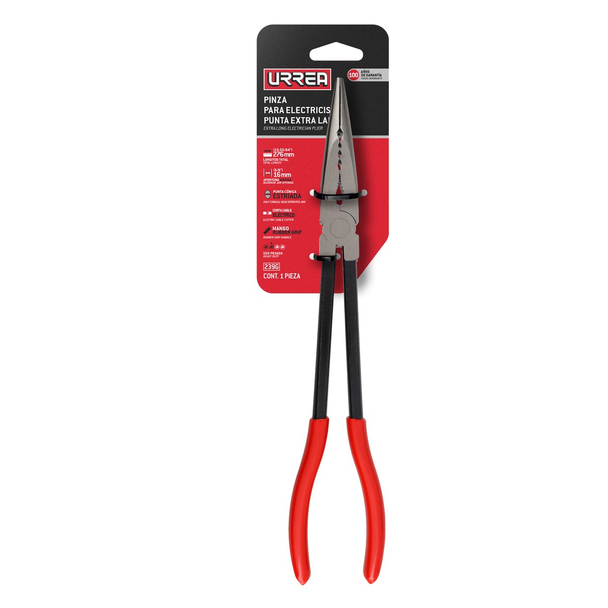 Pinza para electricista con mango rubber grip de 11" extra larga recta Urrea - Imagen 2