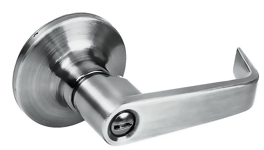 Manija tubular plana función baño, níquel satinado, llave estándar, blíster Lock