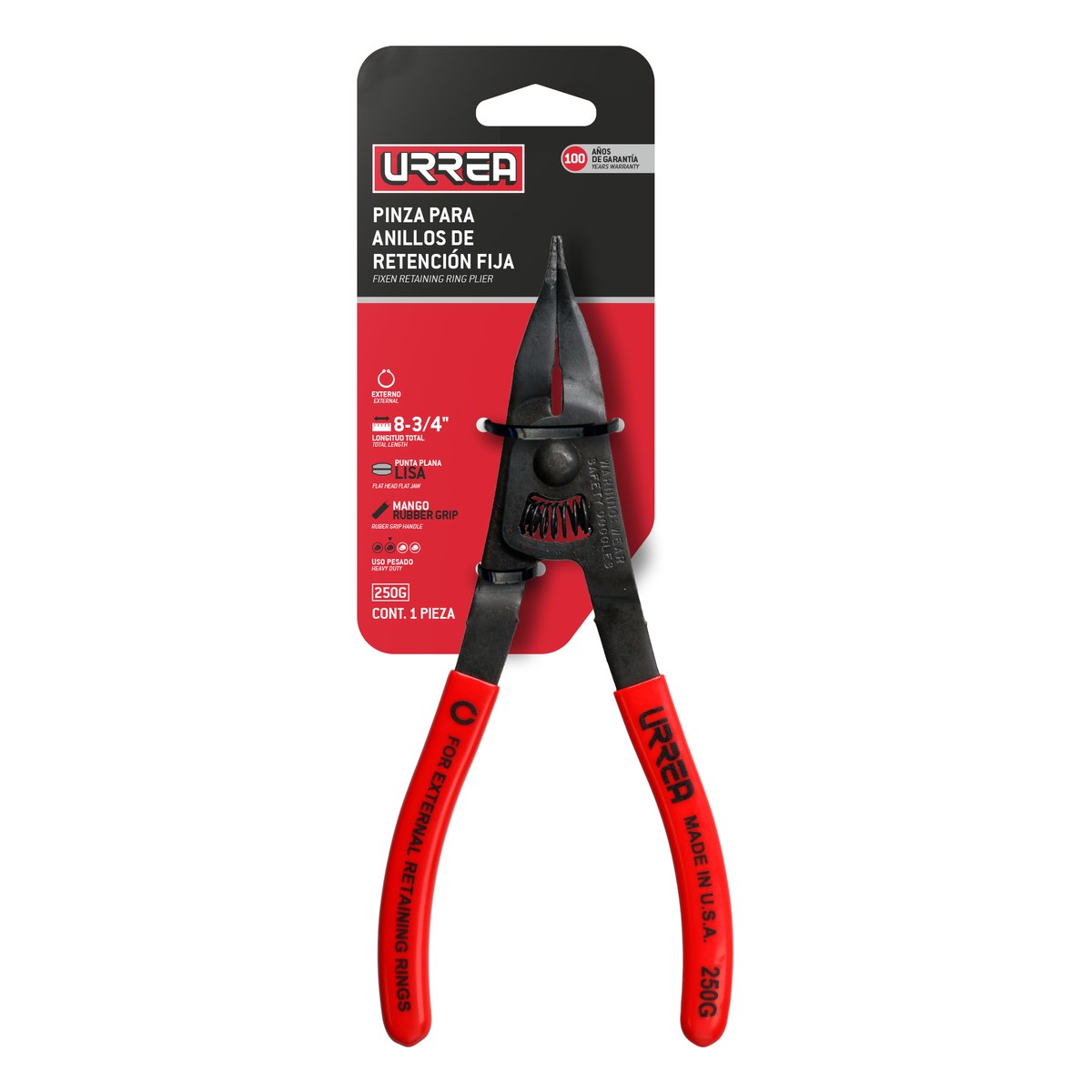 Pinza para anillos de retención con mango rubber grip punta plana 8-3/4" Urrea - Imagen 3