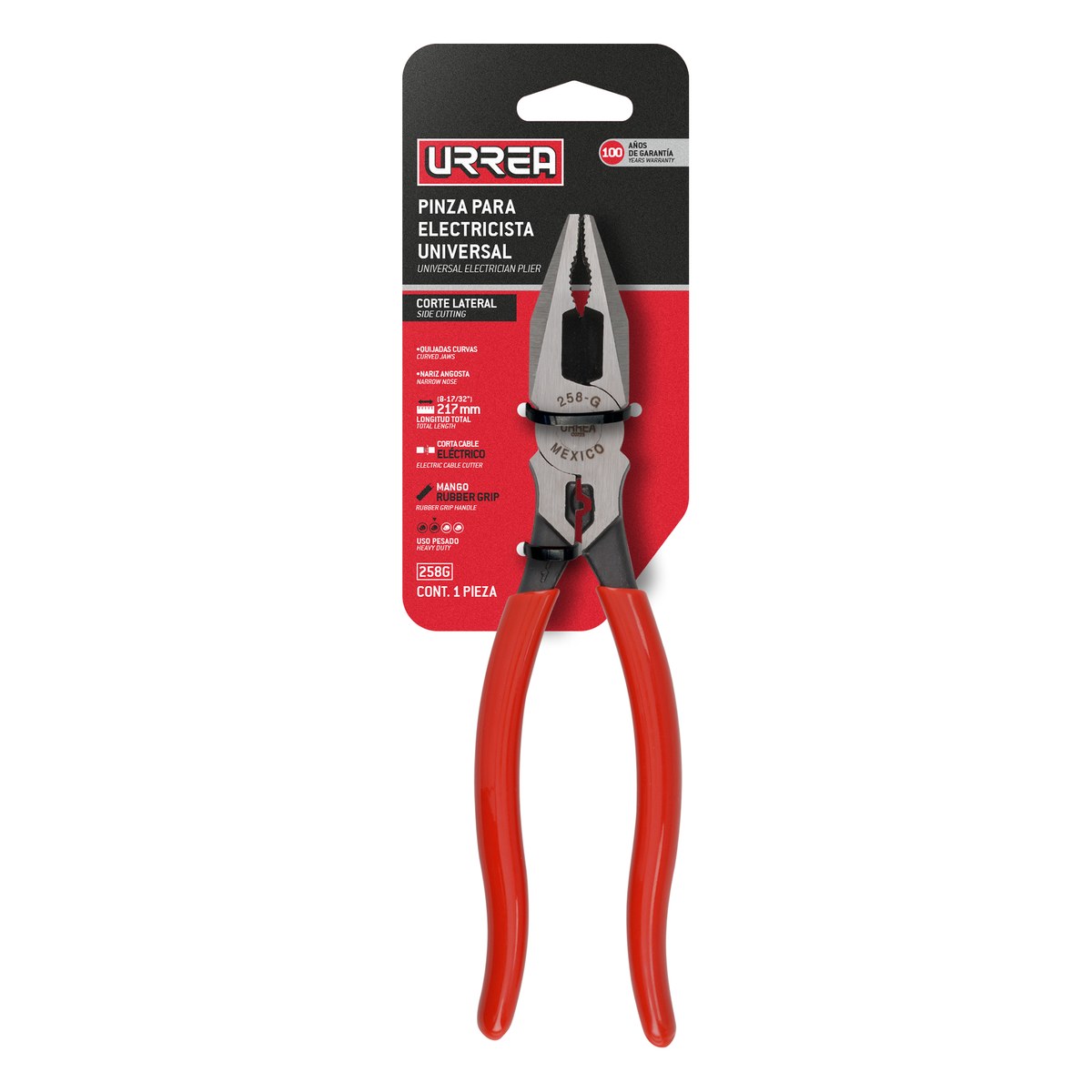 Pinza para electricista con mango rubber grip de 8-17/32" universal corte lateral quijadas Urrea - Imagen 2