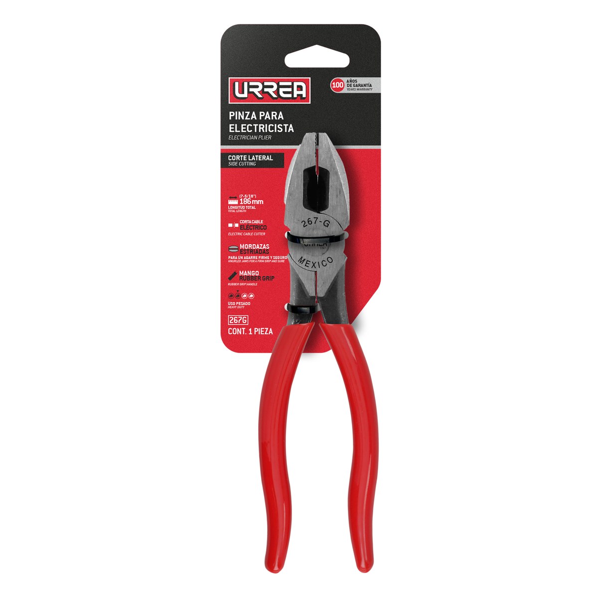 Pinza para electricista con mango rubber grip de 7-5/16" corte lateral Urrea - Imagen 2