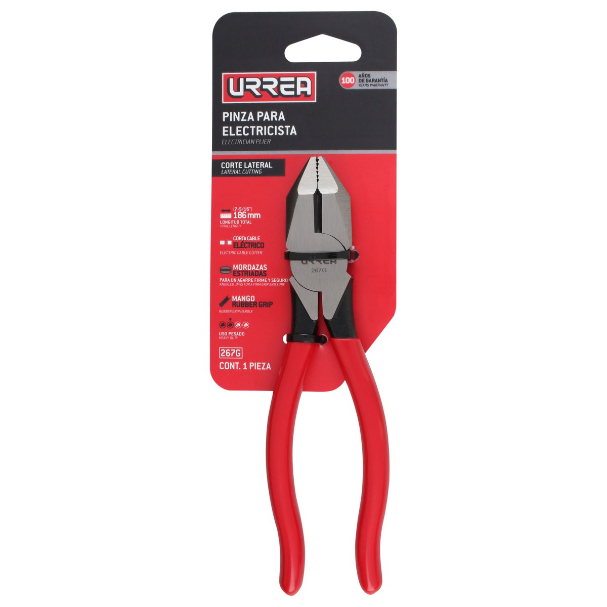 Pinza para electricista con mango rubber grip de 7-5/16" corte lateral Urrea - Imagen 3