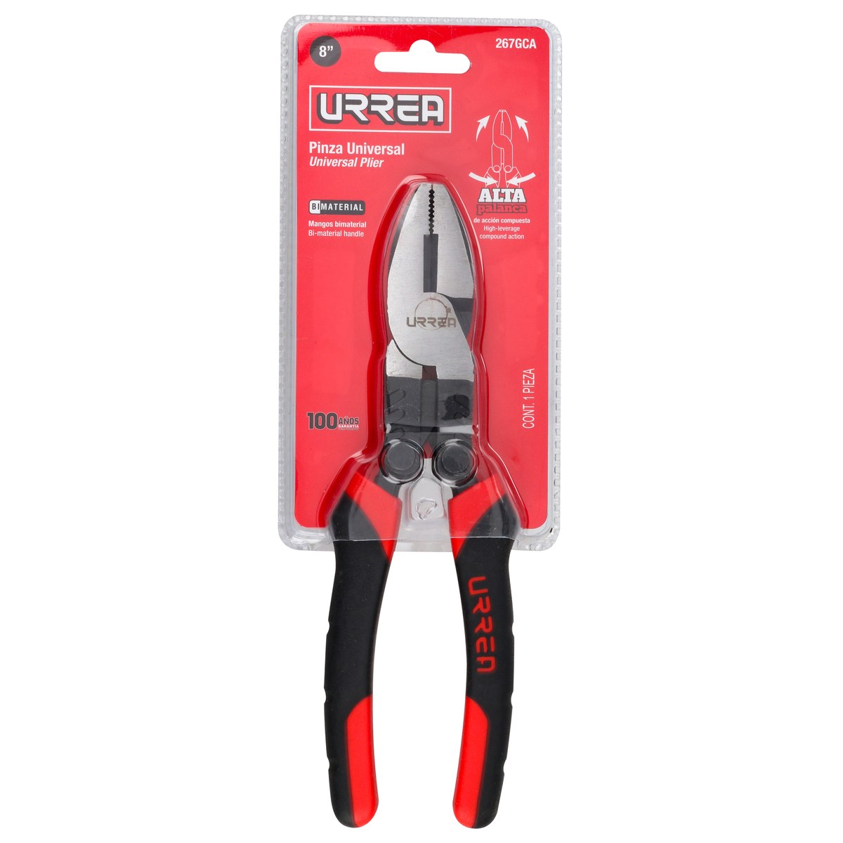 Pinza para electricista con mango bimaterial palanca compuesta de 8" universal Urrea - Imagen 3