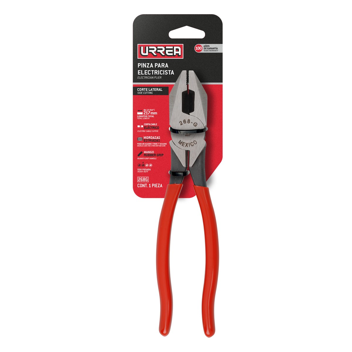 Pinza para electricista con mango rubber grip de 8-17/32" corte lateral Urrea - Imagen 2