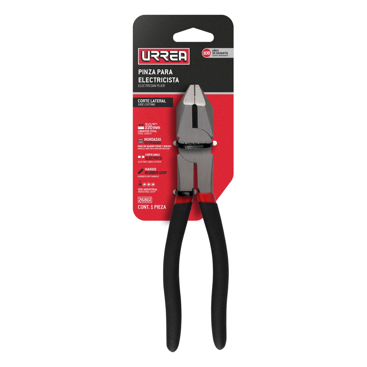 Pinza para electricista con mango rubber grip de 8-9/16" corte lateral Urrea - Imagen 2