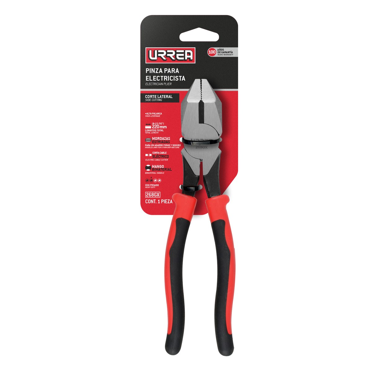 Pinza para electricista con mango bimaterial de 8-21/32" corte lateral alta palanca Urrea - Imagen 2