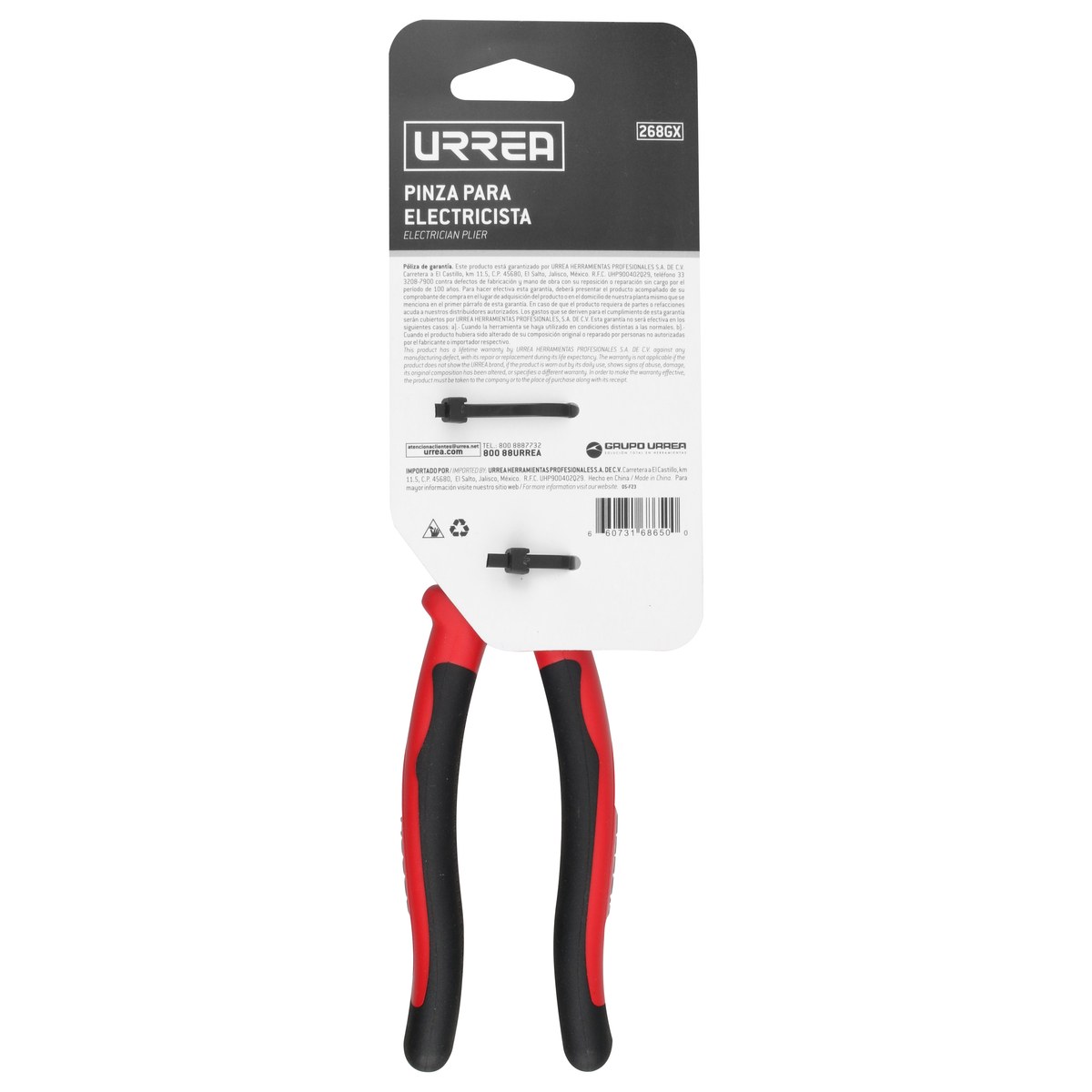 Pinza para electricista con mango bimaterial de 8-21/32" corte lateral alta palanca Urrea - Imagen 3