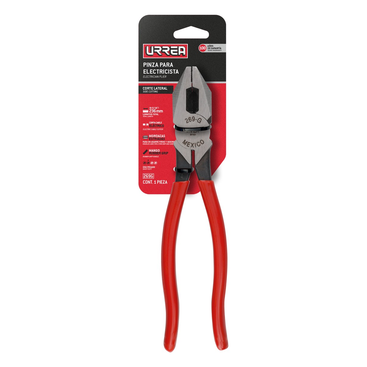 Pinza para electricista con mango rubber grip de 9-5/16" corte lateral Urrea - Imagen 2