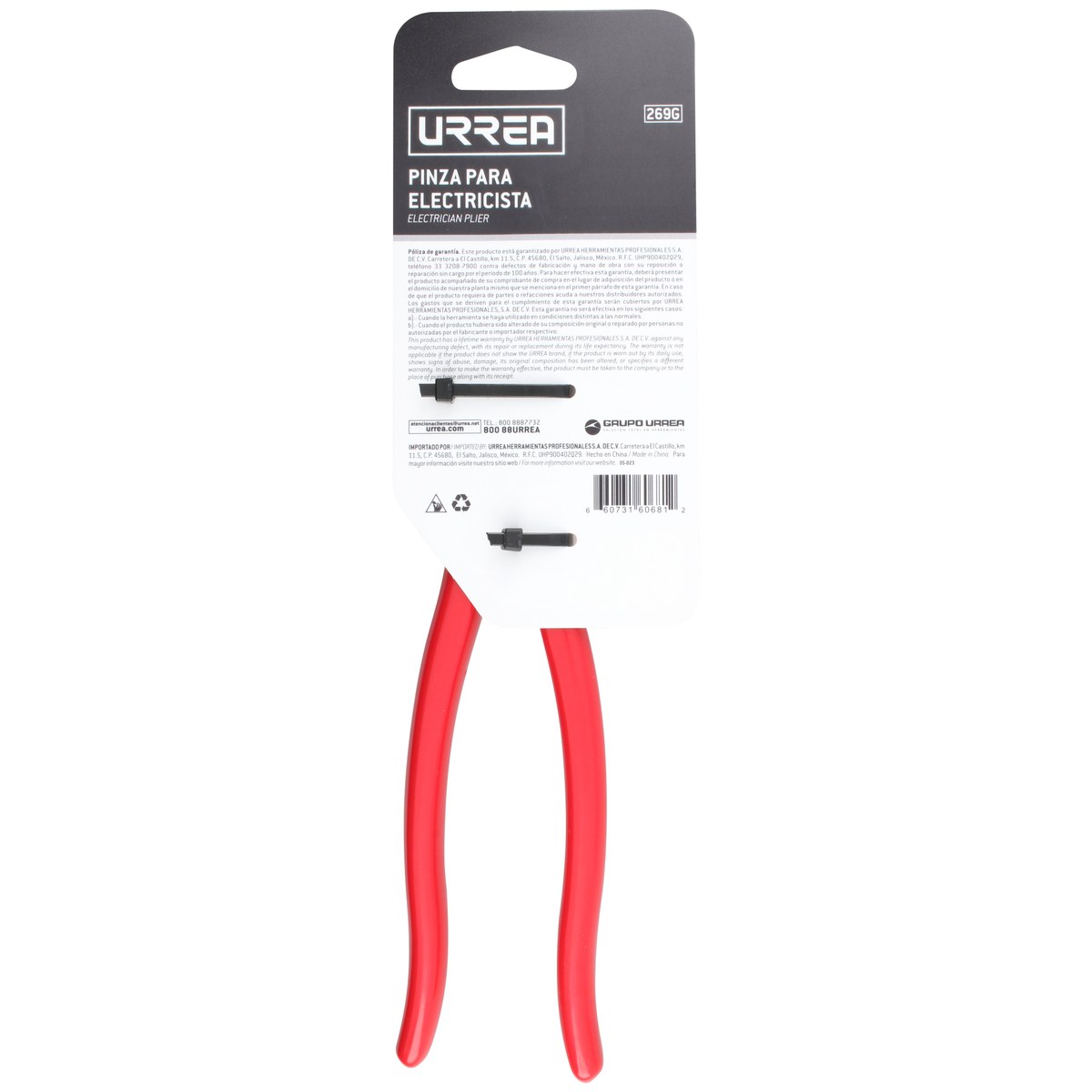 Pinza para electricista con mango rubber grip de 9-5/16" corte lateral Urrea - Imagen 3