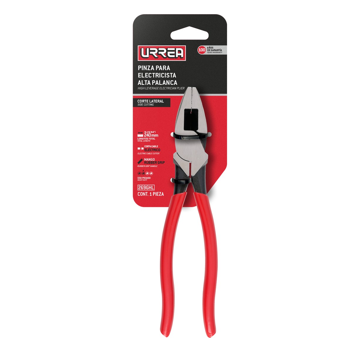 Pinza para electricista con mango rubber grip de 9" alta palanca Urrea - Imagen 2