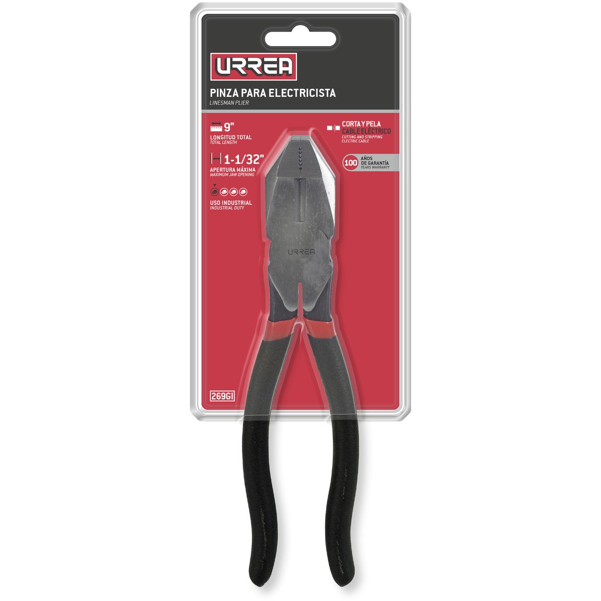 Pinza para electricista con mango rubber grip de 9" corte lateral Urrea - Imagen 2