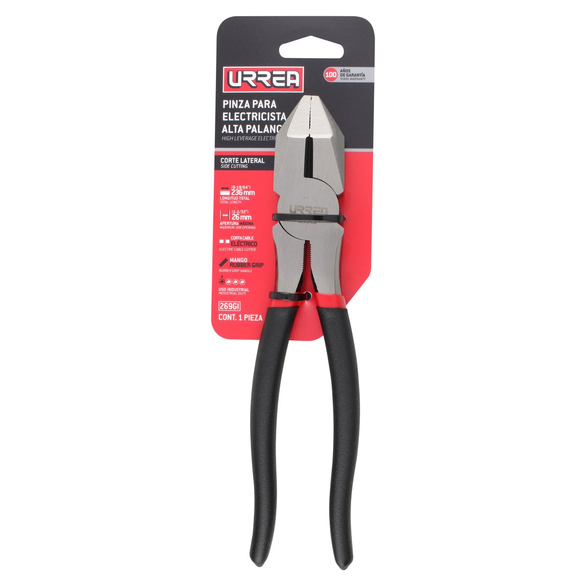 Pinza para electricista con mango rubber grip de 9" corte lateral Urrea - Imagen 3