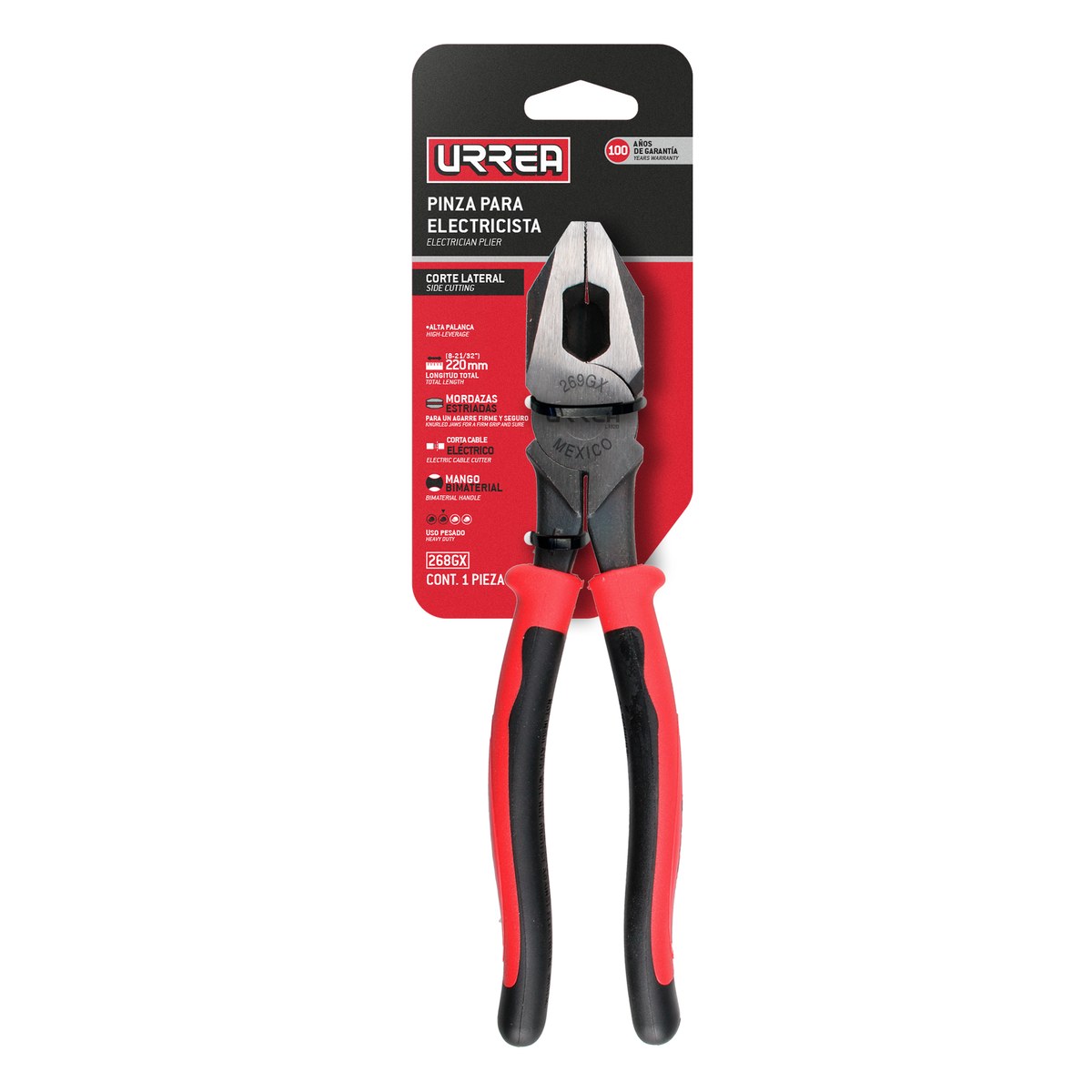 Pinza para electricista con mango bimaterial de 9-3/8" corte lateral alta palanca Urrea - Imagen 3