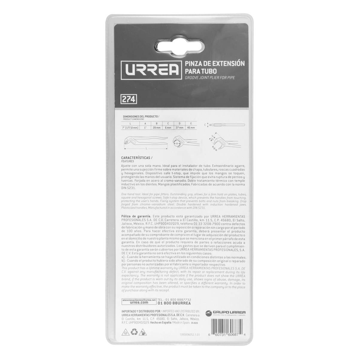 Pinza de extensión 7 posiciones de 7" para tubo Urrea - Imagen 3