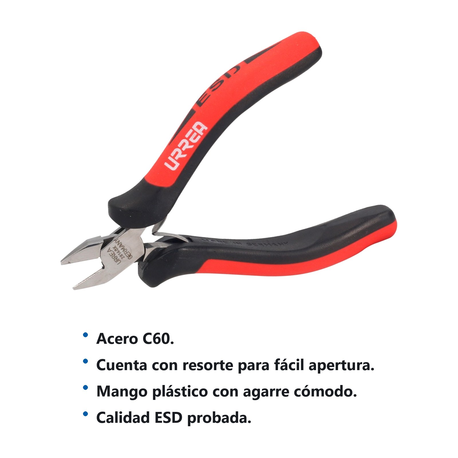 Pinza para electrónica con mango antiestático corte diagonal de 4-1/2" semi larga Urrea - Imagen 2
