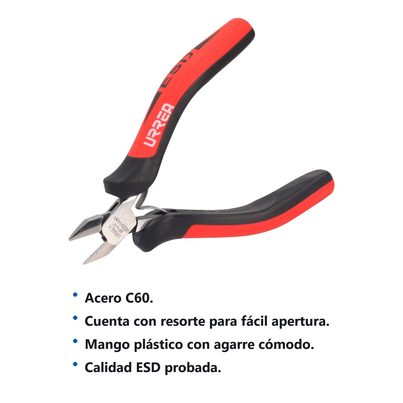 Pinza para electrónica con mango antiestático corte diagonal de 4-1/2" al ras Urrea - Imagen 2