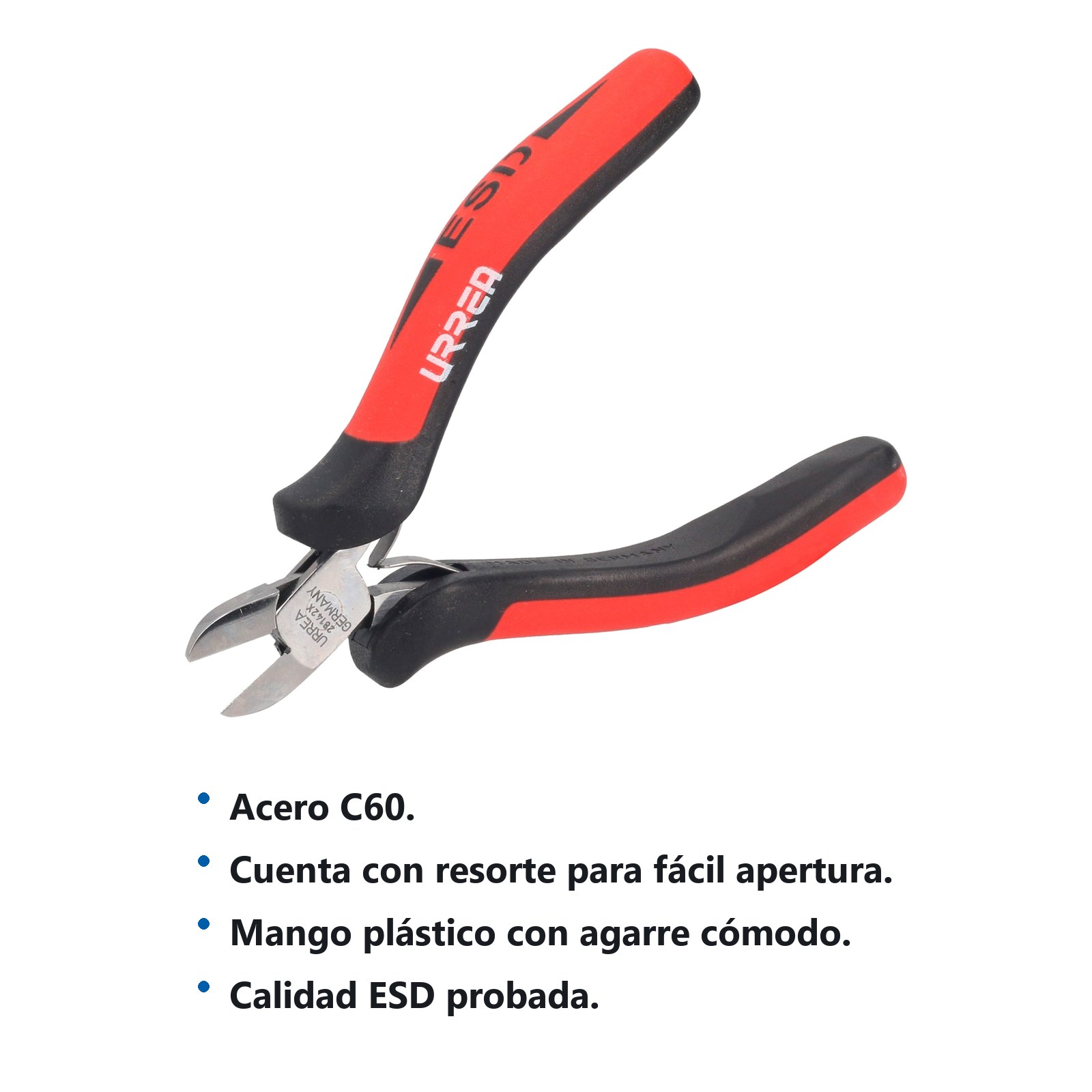 Pinza para electrónica con mango antiestático corte diagonal de 4-1/2" punta delgada Urrea - Imagen 2