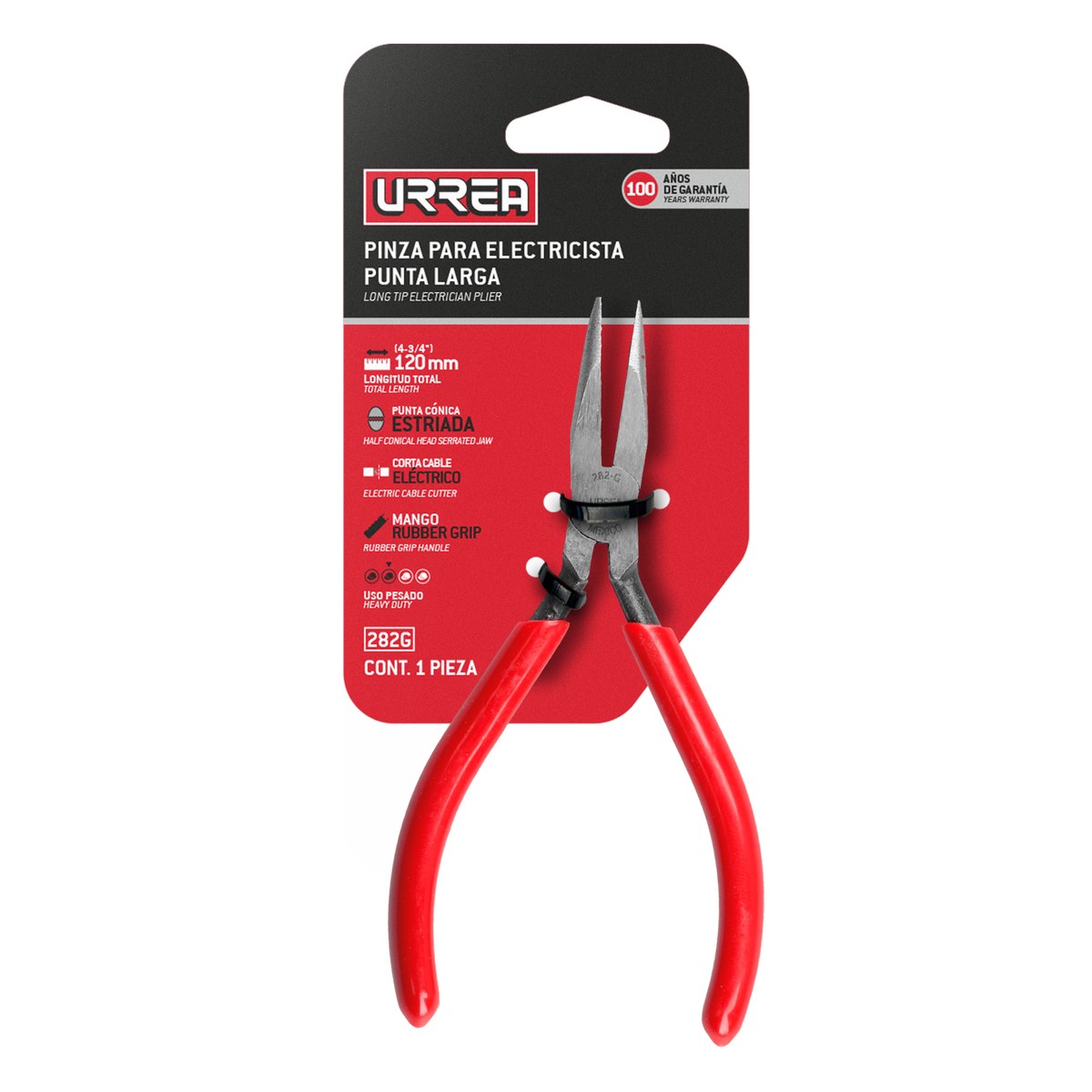 Pinza para electricista con mango rubber grip de 4-3/4" punta larga sin corte Urrea - Imagen 2