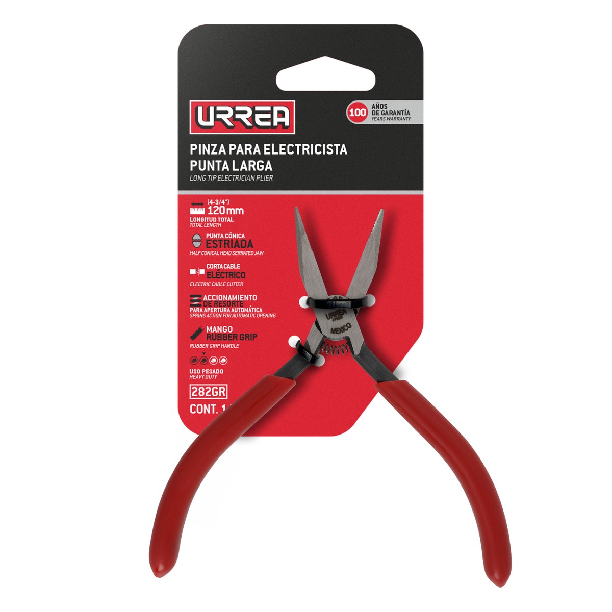 Pinza para electricista con mango rubber grip de 4-3/4" punta larga sin corte con resorte Urrea - Imagen 2