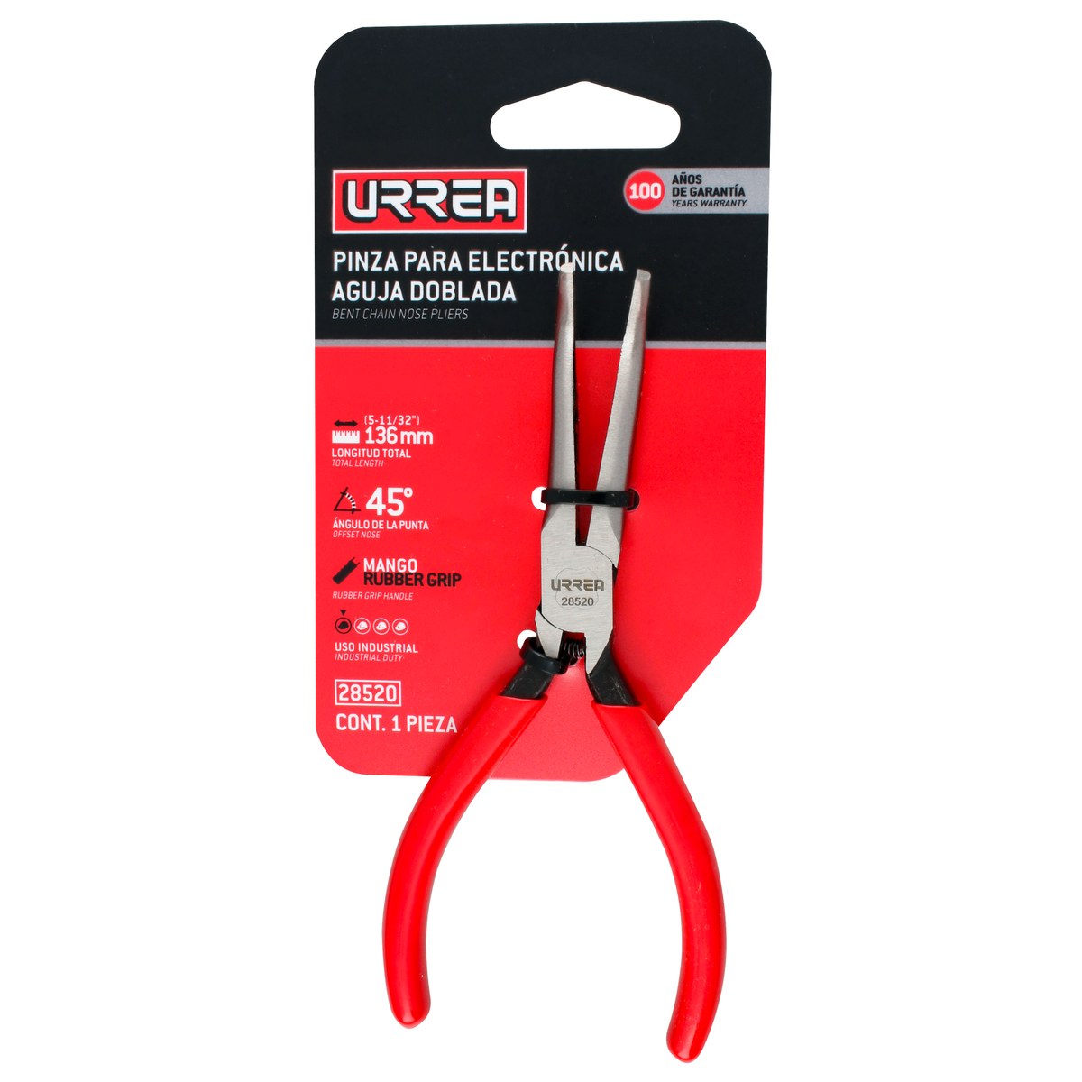 Pinza para electrónica con mango rubber grip de 5-11/32" punta aguja doblada 45° Urrea - Imagen 3