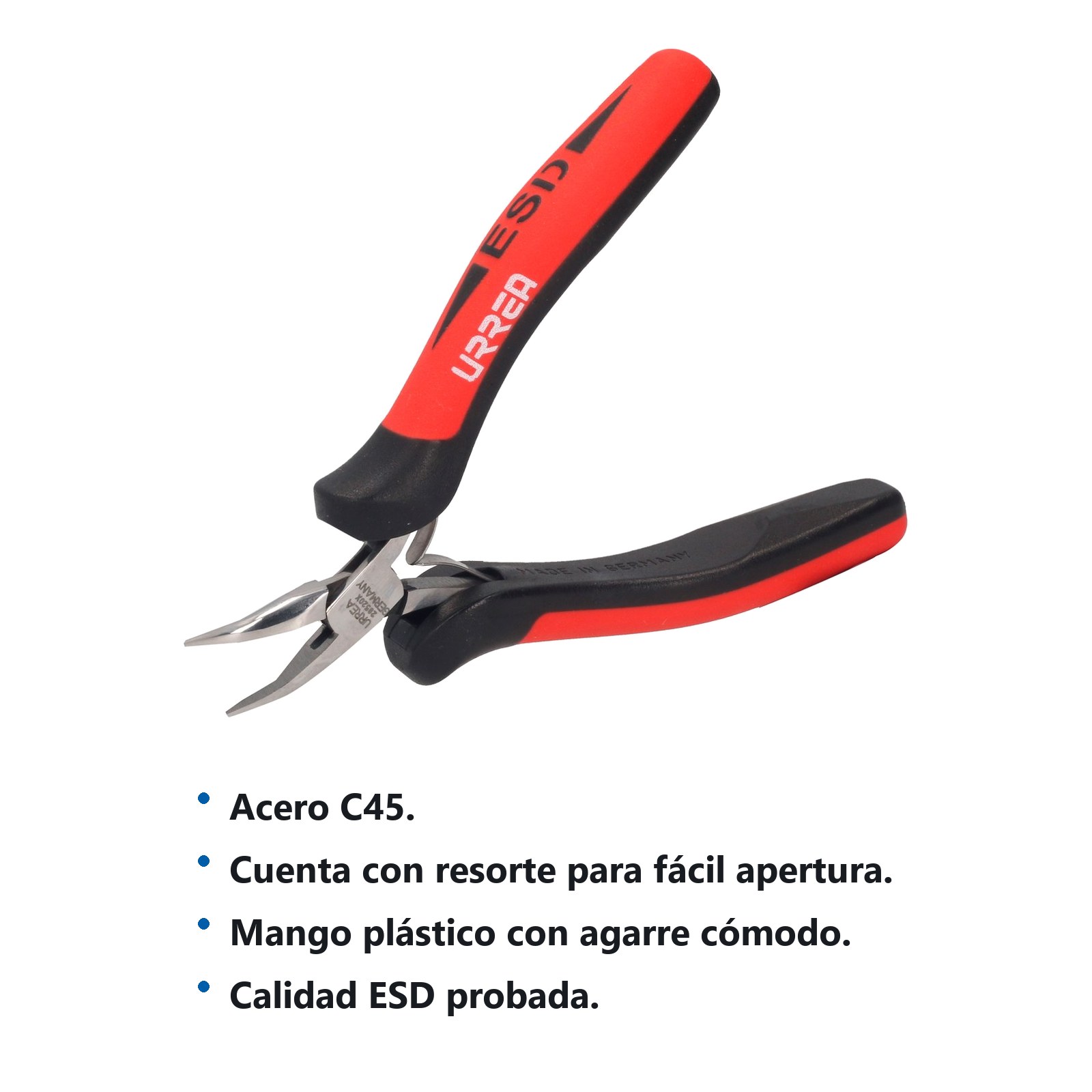 Pinza para electrónica con mango antiestático de 5" punta larga doblada a 45° Urrea - Imagen 2